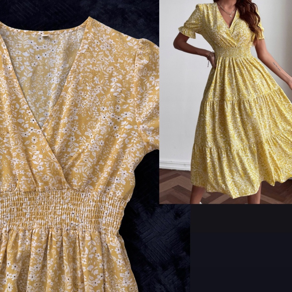 Floral Yellow Ruched Waistline Summer Long Flowy Boho Dress